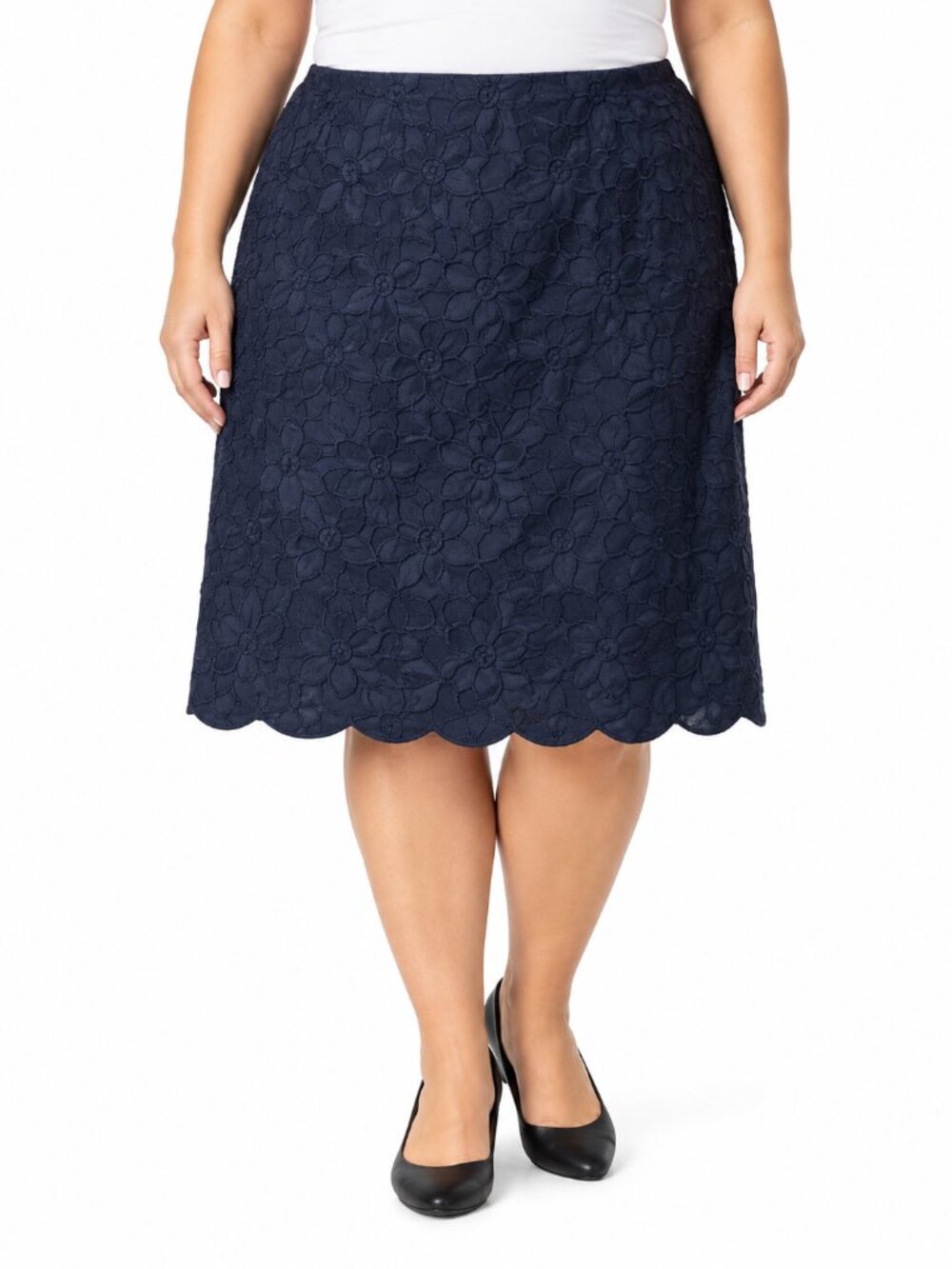 Talbots Navy Blue Linen Embroidered Floral Skirt Size 16W LIKE NEW